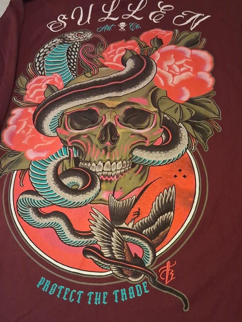 Sullen Art Maroon Skull & Snake Graphic long sleeve with Coral Accentsullen Art